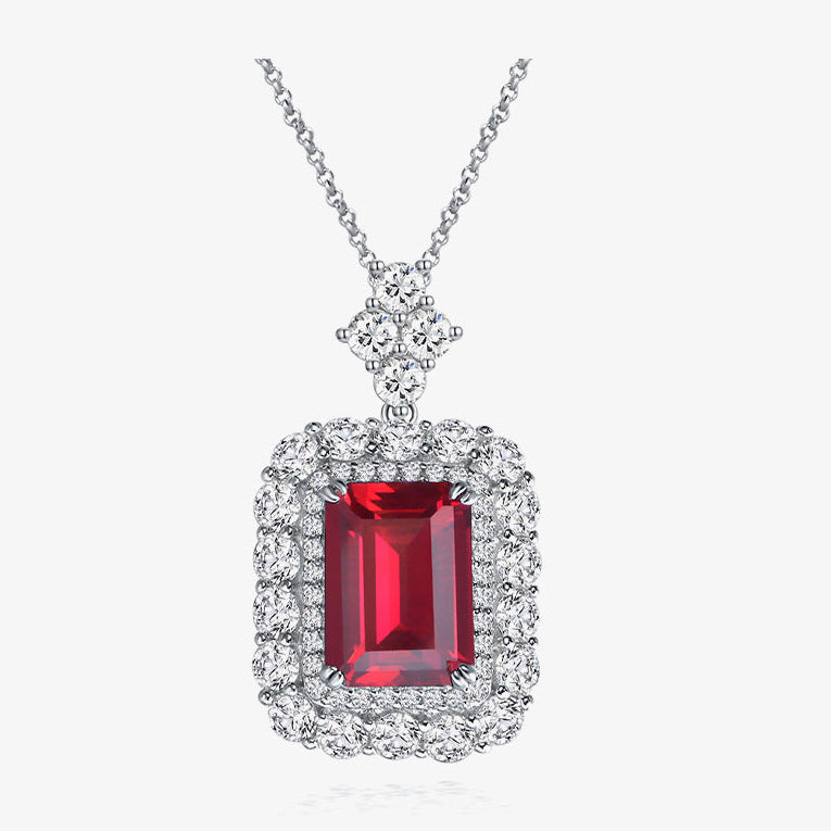 Lab Ruby Halo Pendant Necklace – Sterling Silver, 10 Carat