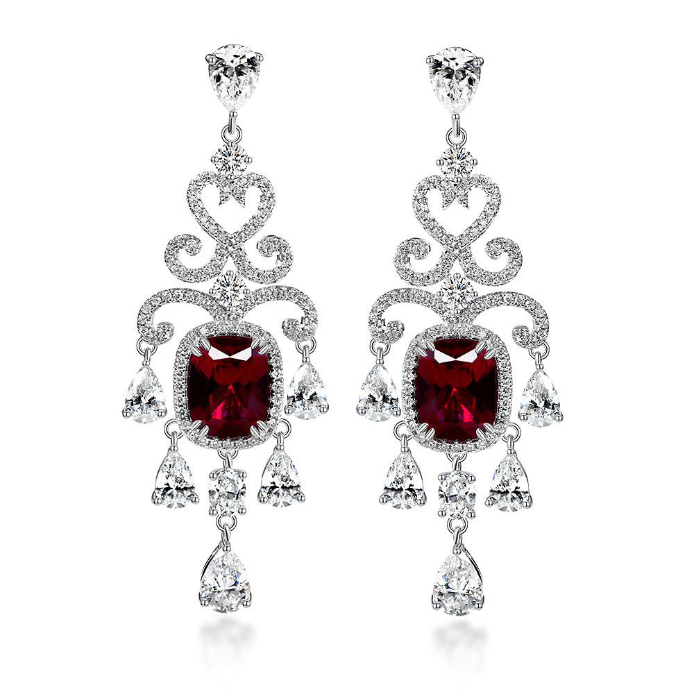 Lab Ruby Cushion Chandelier Earrings – Sterling Silver, 3 Carat