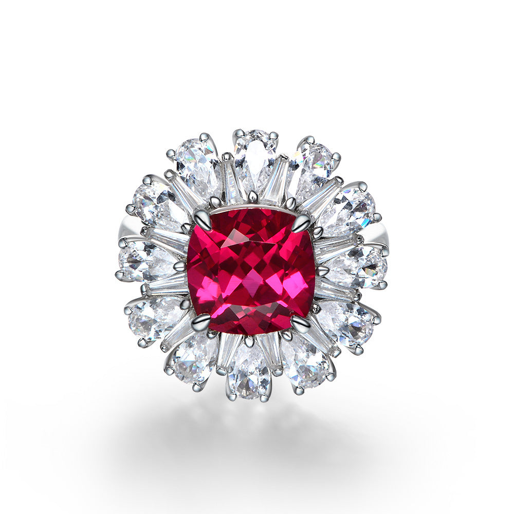 Lab Ruby Cushion Baguette Halo Ring – Sterling Silver, 3 Carat