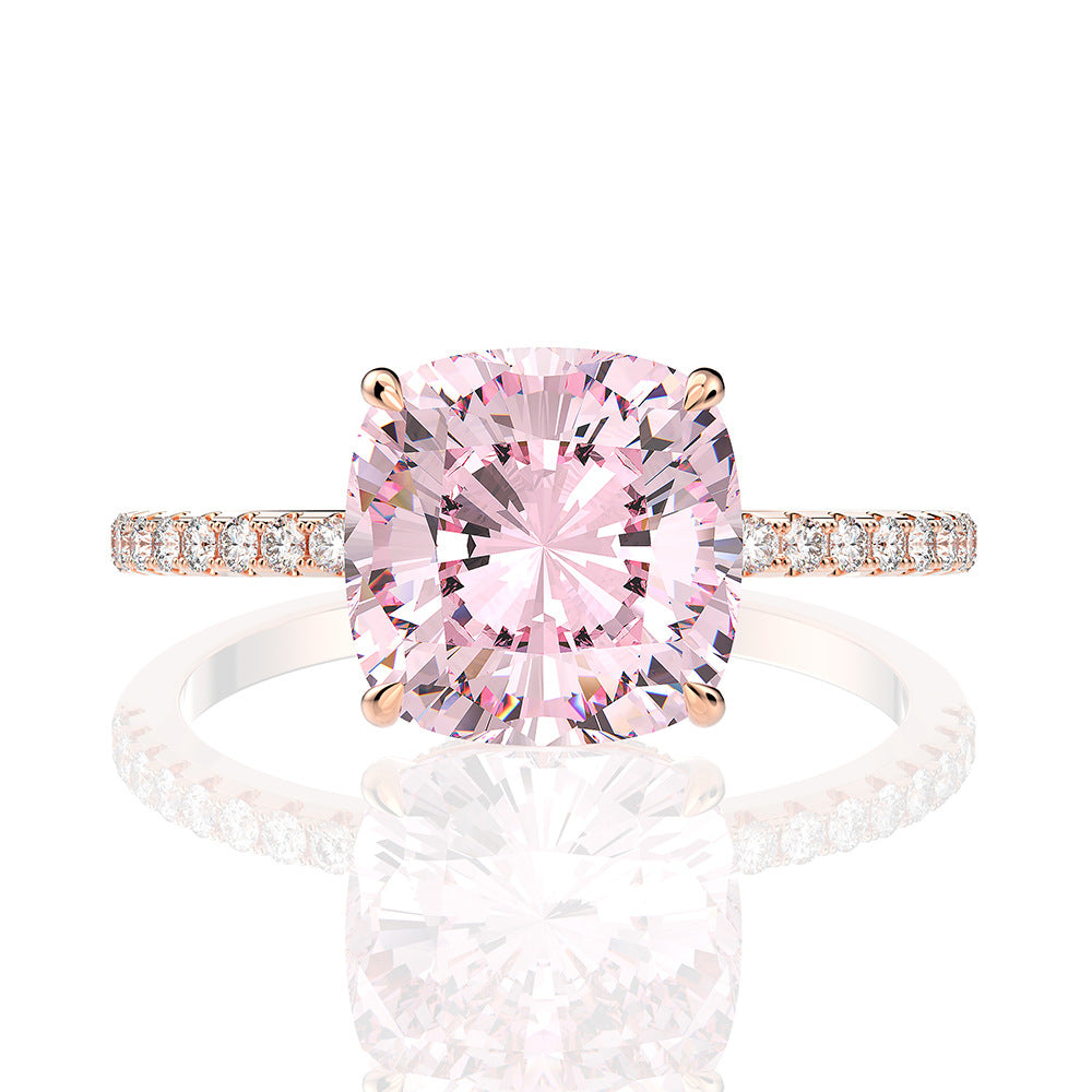 Pink Cushion Hidden Halo Ring – Rose Gold Prongs, 5 Carat