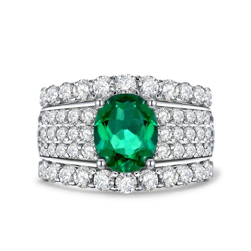 Green Oval Multi-Row Wide Band Ring – Sterling Silver, 2 Carat