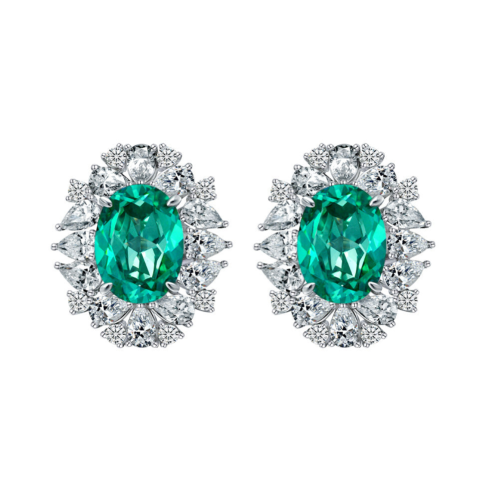 Paraiba Green Oval Halo Stud Earrings – Sterling Silver, 7 Carat