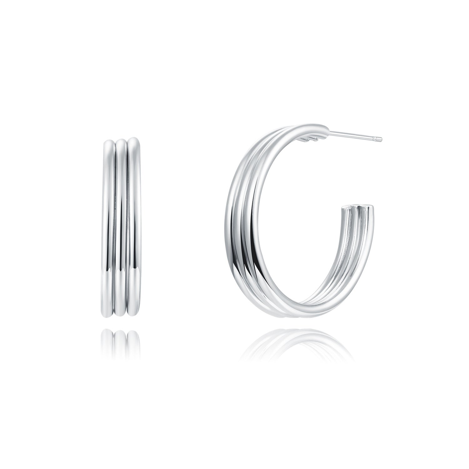 Triple-Row Open Hoop Earrings – White Gold Plated, 30mm