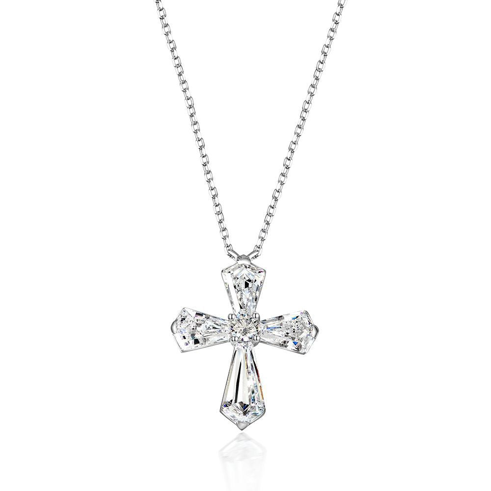 Pavé Baguette Cross Pendant Necklace – Sterling Silver, 4 Carat