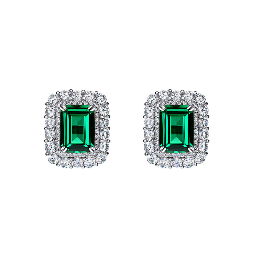 Emerald-Cut Halo Stud Earrings – Sterling Silver, 4 Carat