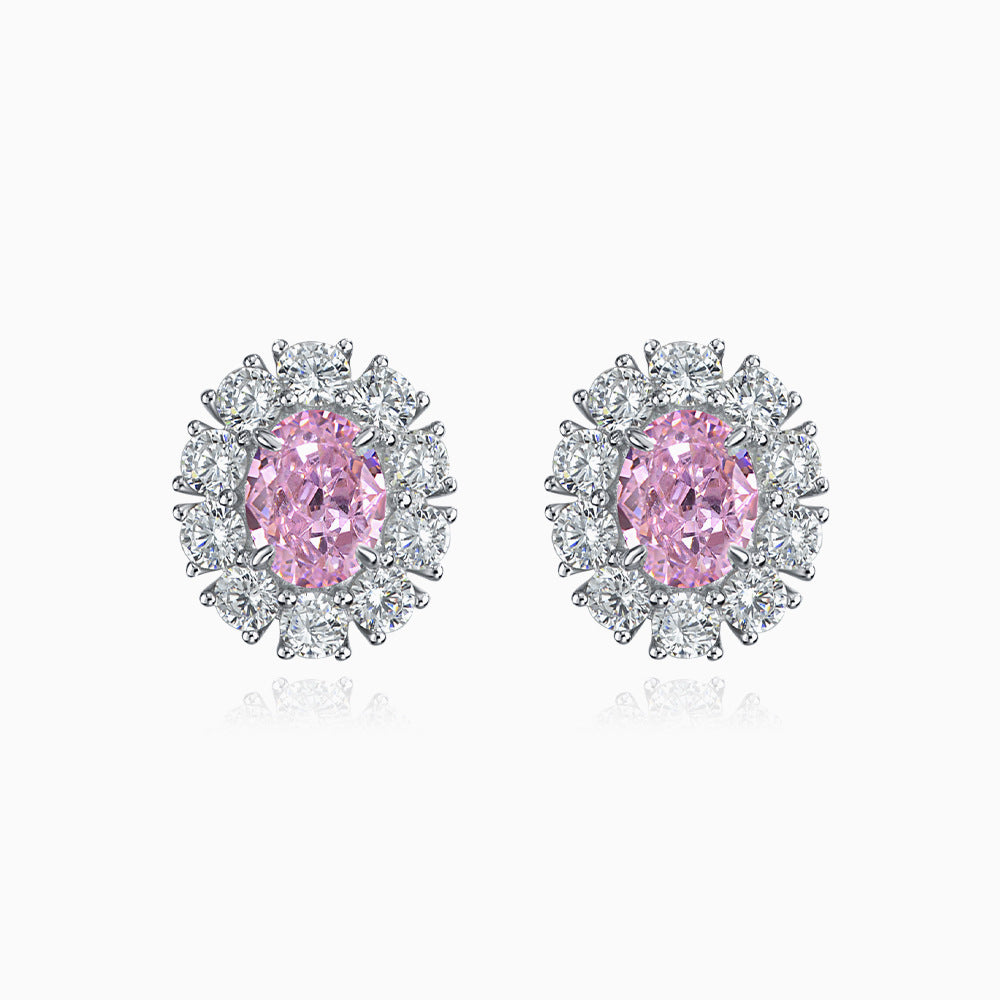 Pink Oval Floral Halo Stud Earrings – Sterling Silver, 2 Carat