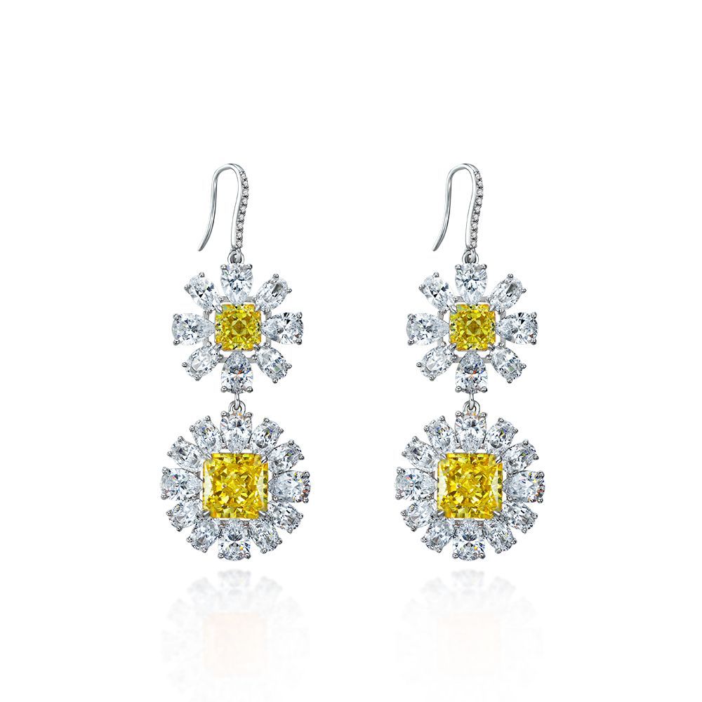 Square Floral Double Drop Earrings – Sterling Silver, 5 Carat