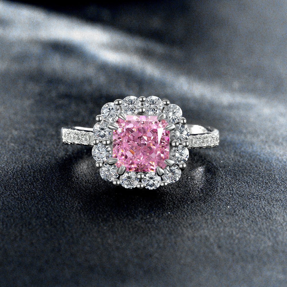 Pink Cushion Halo Open Ring – Sterling Silver, Adjustable, 1.5 Carat