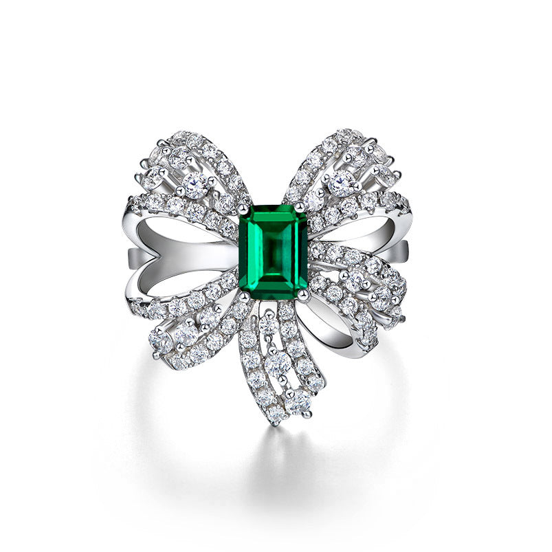 Lab Emerald Pavé Butterfly Bow Ring – Sterling Silver, 1 Carat