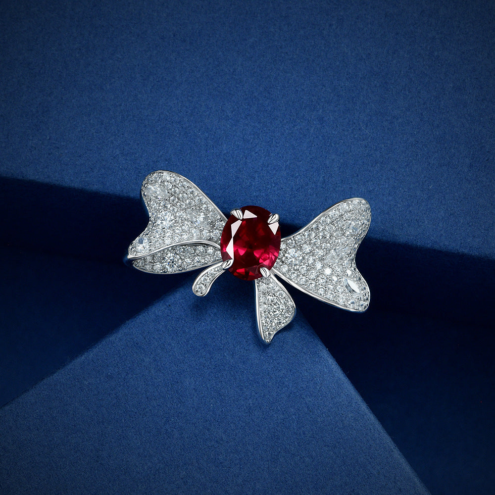 Lab Ruby Pavé Butterfly Bow Ring – Sterling Silver, 4.5 Carat