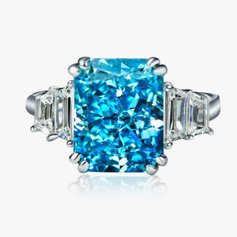 Blue Radiant-Cut Three-Stone Ring – Sterling Silver, 4 Carat